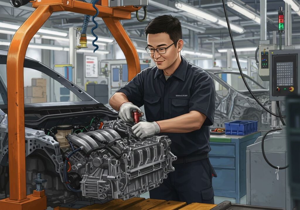 自動車工場で働く期間工男性