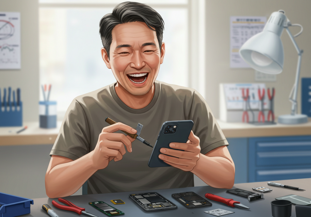 スマホ修理をする男性