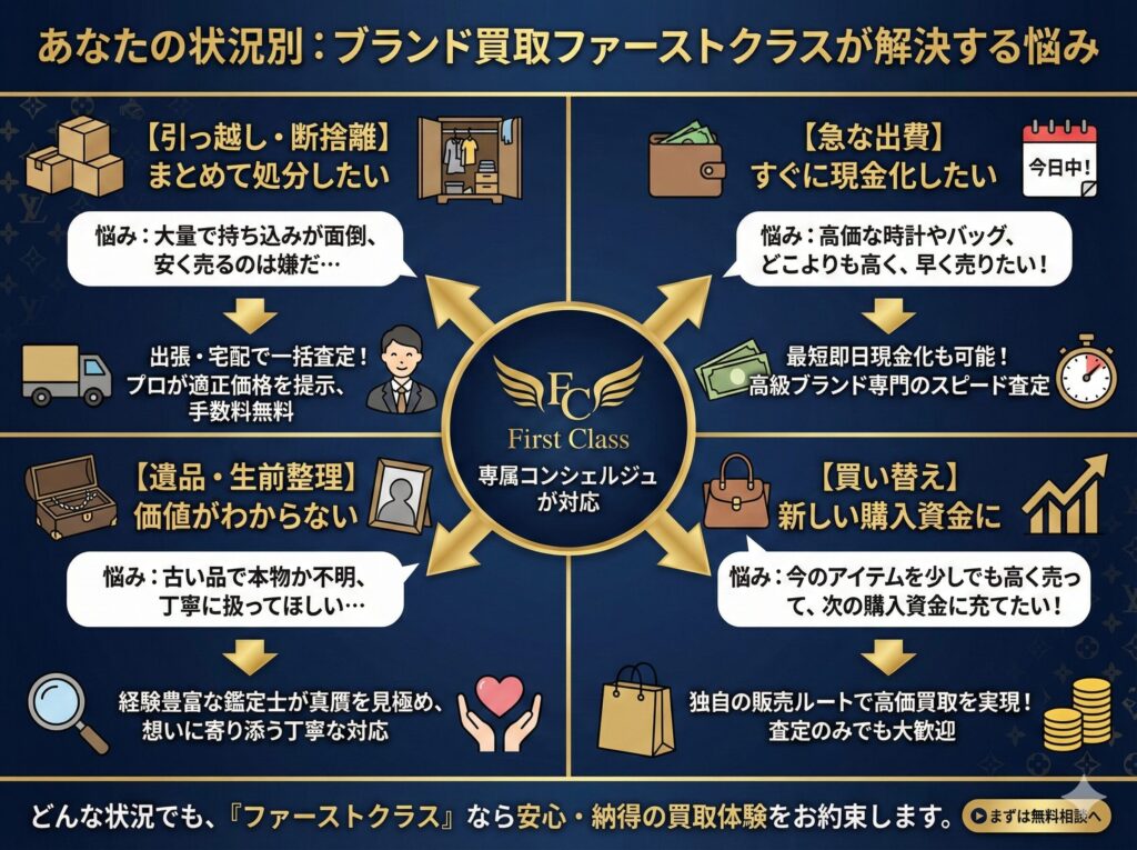 あなたの状況別：ブランド買取ファーストクラスが解決する悩み